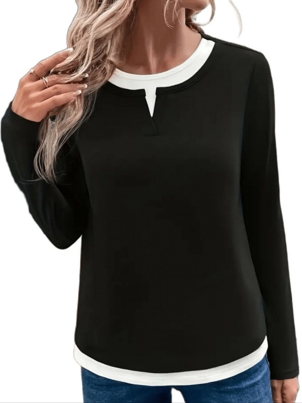 SHEIN Black Long-Sleeve White Contrast Trim Top